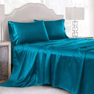 4 Pcs Teal Satin Sheets Queen Size Silky Satin Bedding Sheet Set